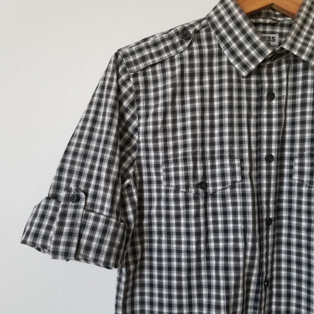 Express Fitted Roll Sleeve Shirt 14-14.5 Gingham
